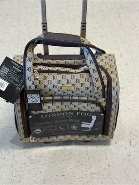 London Fog Beige Monogram Rolling Under-Seat Bag with Brown Trim 15”